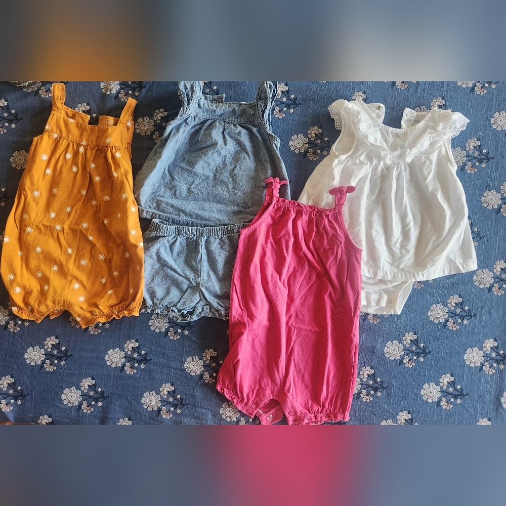 Baby Girls Romper Bundle - Mustard, Denim, Hot Pink, White 12 Months